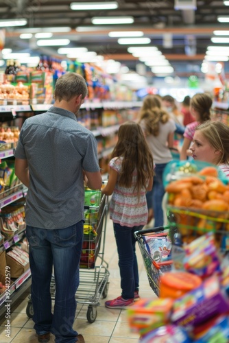 Family Shopping for Snacks and Groceries in a Large Supermarket - Back to College Essentials