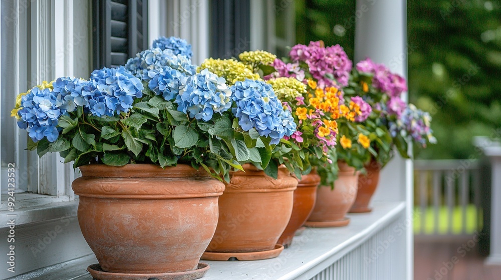 Fototapeta premium A row of flower pots sits atop a window sill, surrounded by vibrant blooms