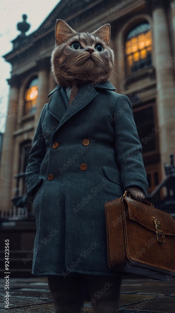 Fototapeta premium Anthropomorphic Cat in Business Attire Holding a Briefcase Outside Historic Building