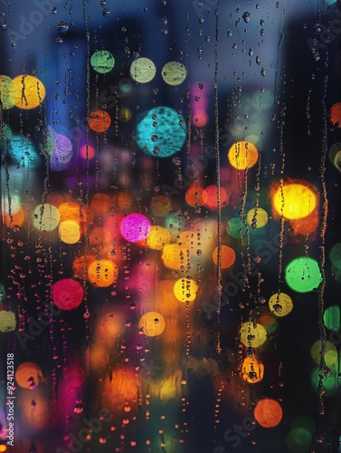 Raindrops on window with blurred city lights. Image for abstrect background, mood board, banner with copy space. photo