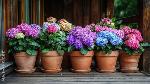  A cluster of potted blooms resting on a wooden base beside a window ledge in front of a wooden construction