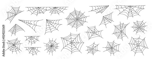 Spider webs set simple hand drawn outline vector illustration of doodle fancy Halloween scary decor elements, clipart perfect for Halloween party design, cartoon spooky character
