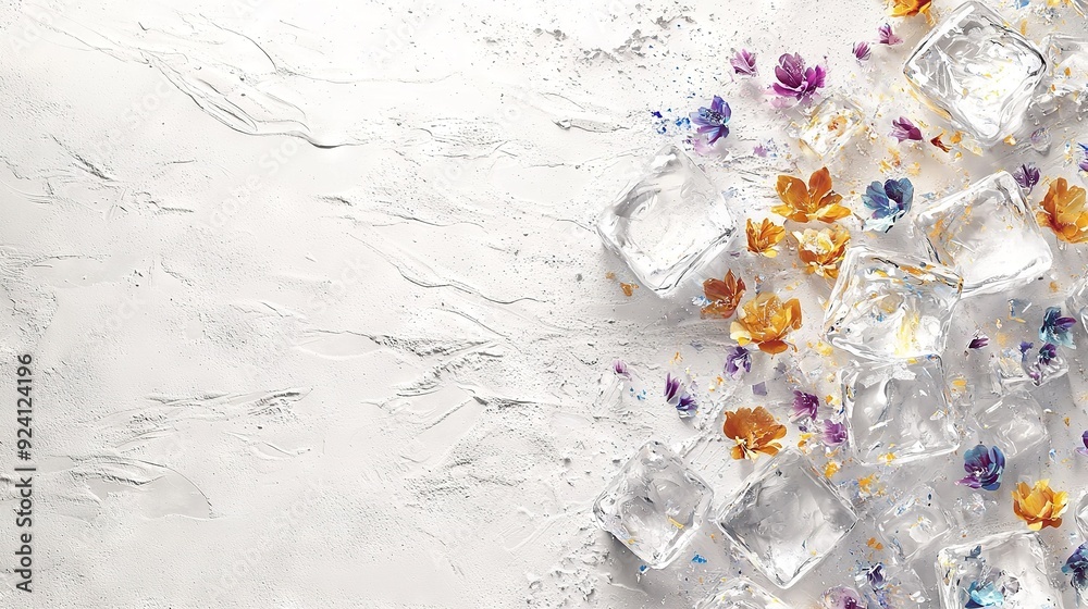 Ice cubes with flowers on a white surface with water droplets Ice cubes with flowers on a white surface with water droplets