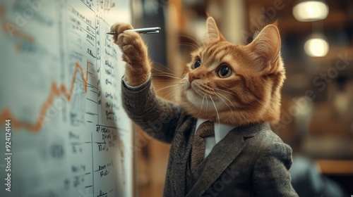 Adorable Business Cat Presenting Financial Data on Whiteboard in Office
