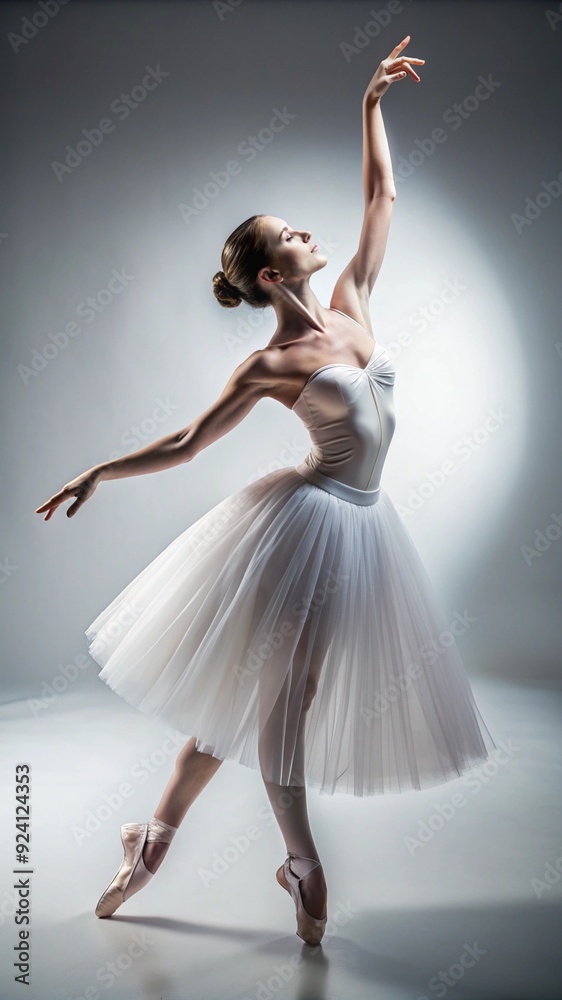 Naklejka premium Portrait of a ballerina, mid-pose, studio lighting, white background, high contrast.