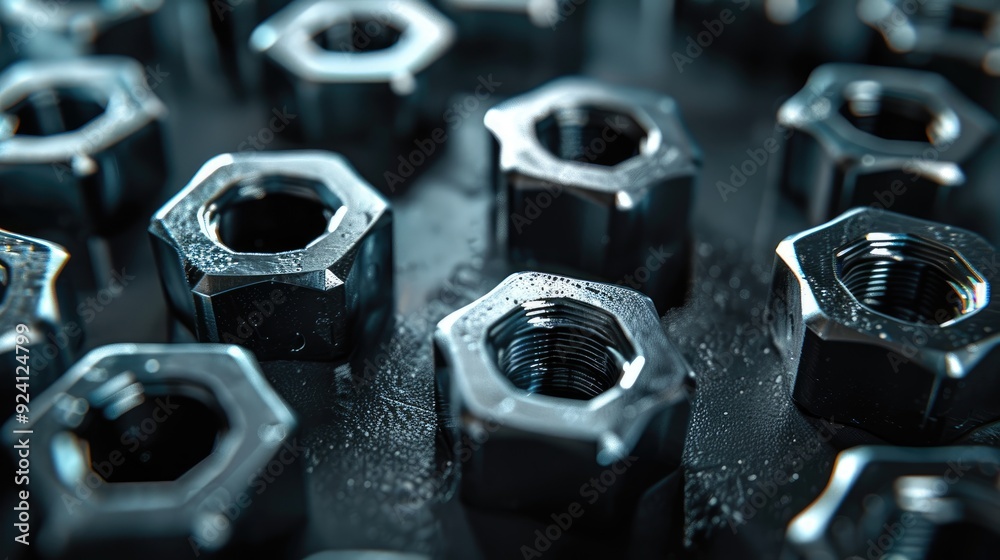 Metal nuts arranged on dark surface Metal nuts arranged on dark surface