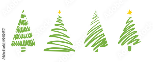 Christmas trees silhouettes isolated. Hand drawn brush strokes. 