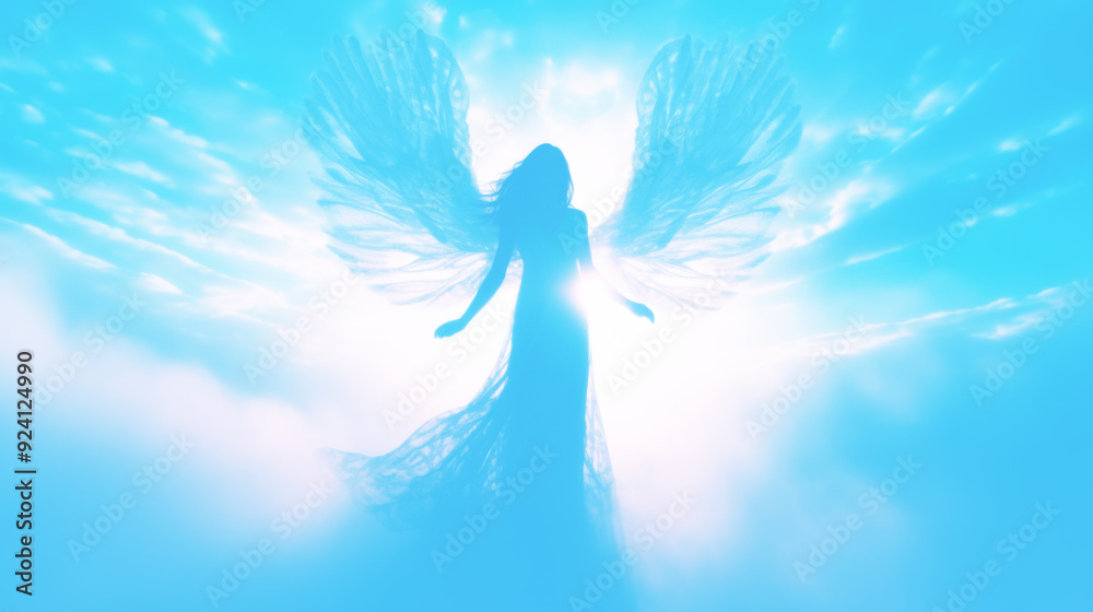 Woman Angel with White Wings Flying in Blue Clouds, magic light, dreamy Woman Angel with White Wings Flying in Blue Clouds, magic light, dreamy
