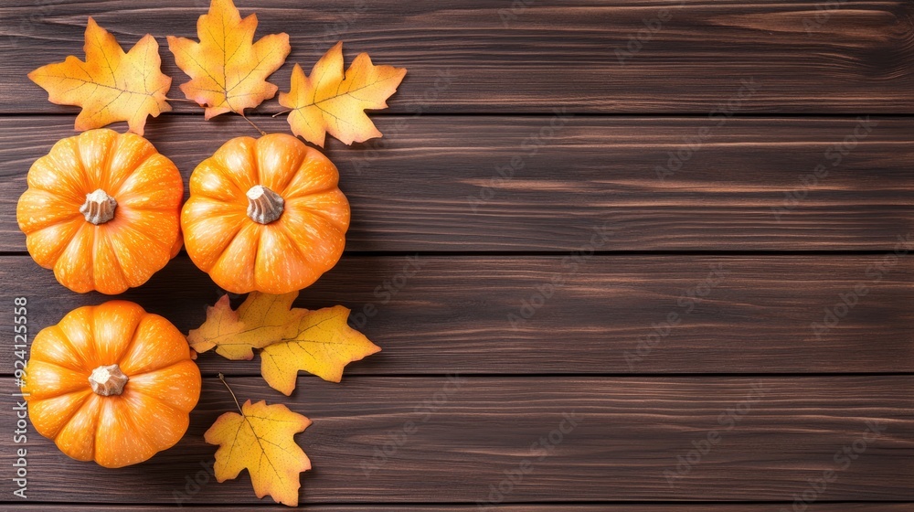 A decorative arrangement features vibrant Halloween pumpkins and autumn leaves on a rustic wooden table, perfect for seasonal greetings or festive banners
