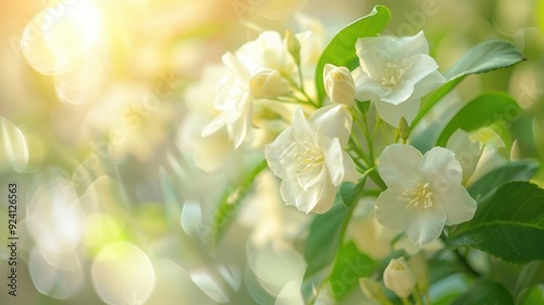 Close up photo of jasmine flowers in bloom with shallow focus