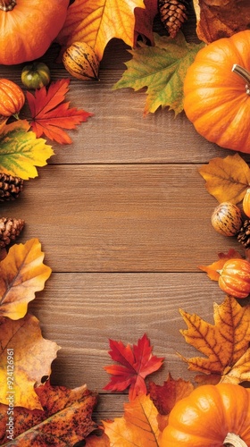 A decorative arrangement features vibrant Halloween pumpkins and autumn leaves on a rustic wooden table, perfect for seasonal greetings or festive banners