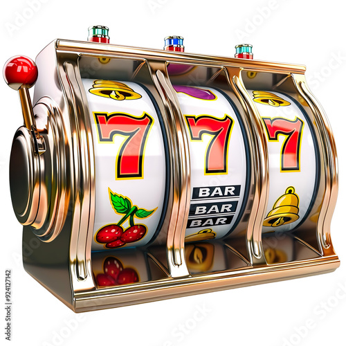 Angular view gold Lottery, Casino Lottery, Slot, Machine on a white background.