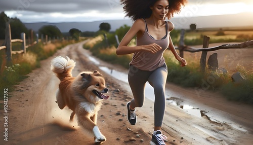 African American womanrunning wth her dog on a dirt road photo