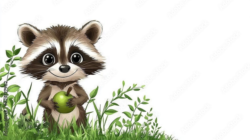 Obraz premium A raccoon holding a green apple in a field of grass with a void space at its center