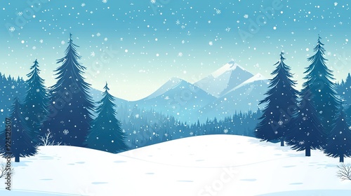  A snow-covered landscape with tall pine trees and a distant mountain, where snowflakes gently fall to the ground