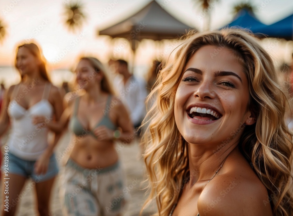 Fototapeta premium A woman laughs and looks over her shoulder while enjoying a beach party. AI.