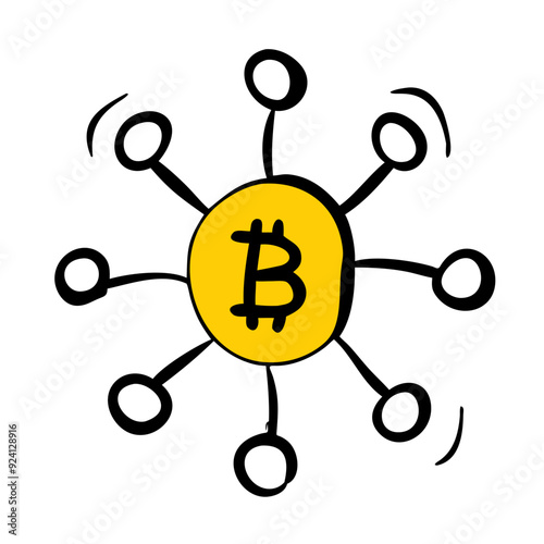 A yellow circle with the Bitcoin symbol at its center is surrounded by black lines