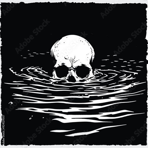  Black and white print of a skull partially submerged in water.

