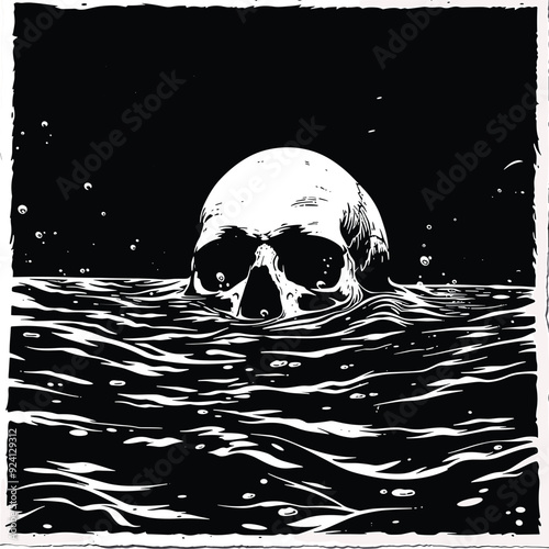  Black and white print of a skull partially submerged in water.
