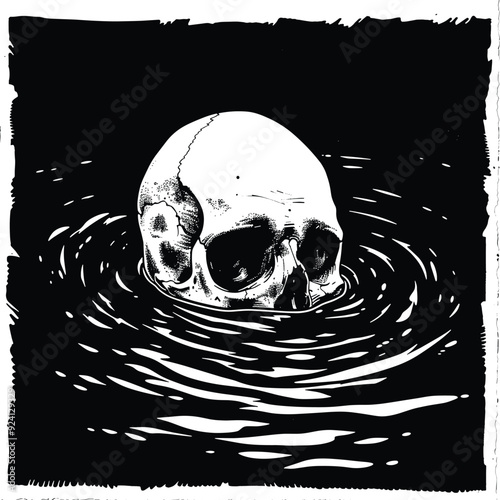  Black and white print of a skull partially submerged in water.
