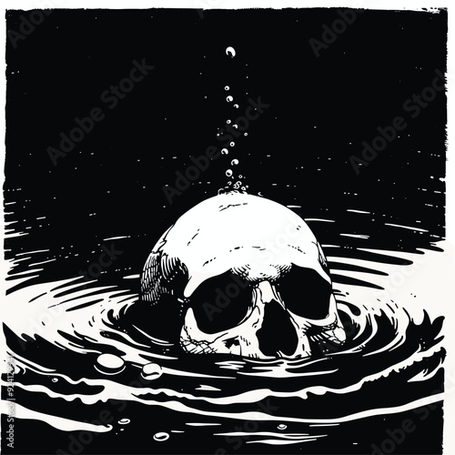  Black and white print of a skull partially submerged in water.
