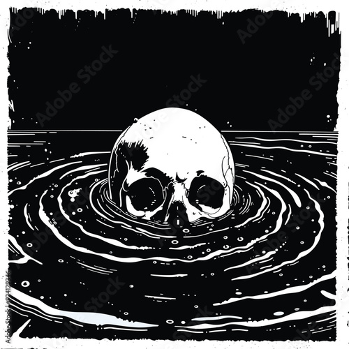  Black and white print of a skull partially submerged in water.
