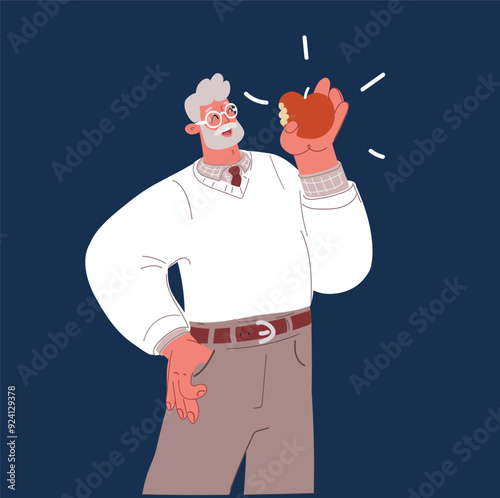 Cartoon vector illustration of healthy older man eating apple over dark background