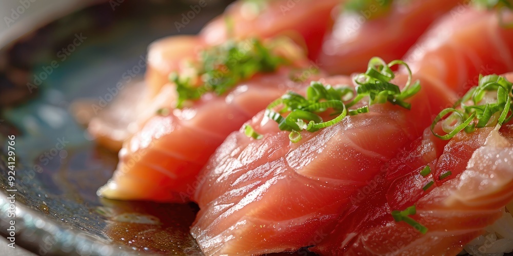 Close up of Japanese sashimi seafood fish chu toro fatty tuna sushi on a plate