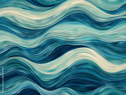 An intricate design of flowing blue waves intertwined with shades of turquoise and navy blue.