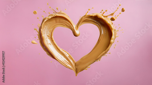 Peanut butter heart splashing on pink background photo