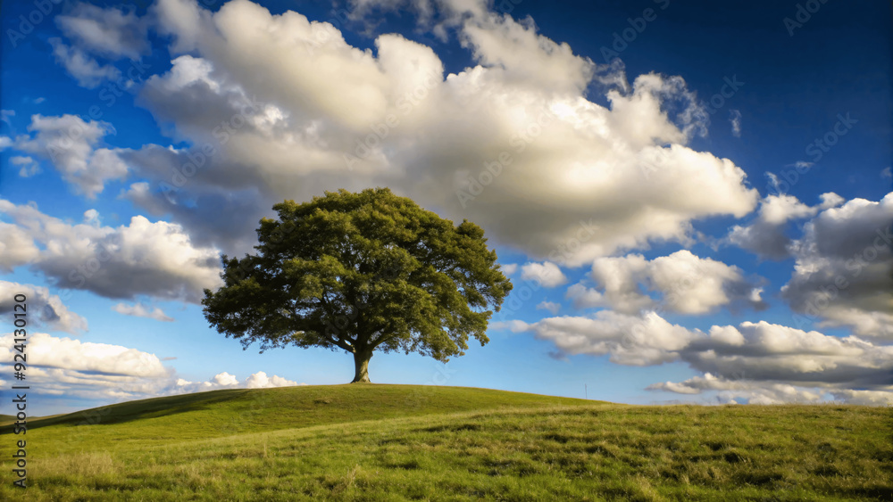 Obraz premium A single tree stands on a grassy hill under a clear blue sky and clouds natural background, solitude zen relax tree isolated various design