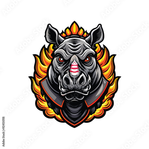 Fierce rhino head with blazing flames in NFT style.