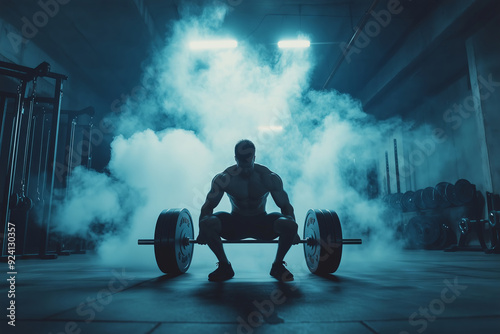 A determined athlete prepares for an intense weightlifting session in a dimly lit gym filled with smoke and energy photo