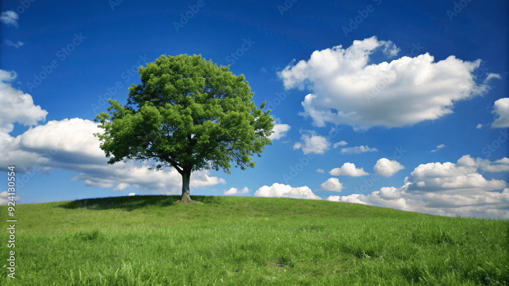 A single tree stands on a grassy hill under a clear blue sky and clouds natural background, solitude zen relax tree isolated various design A single tree stands on a grassy hill under a clear blue sky and clouds natural background, solitude zen relax tree isolated various design