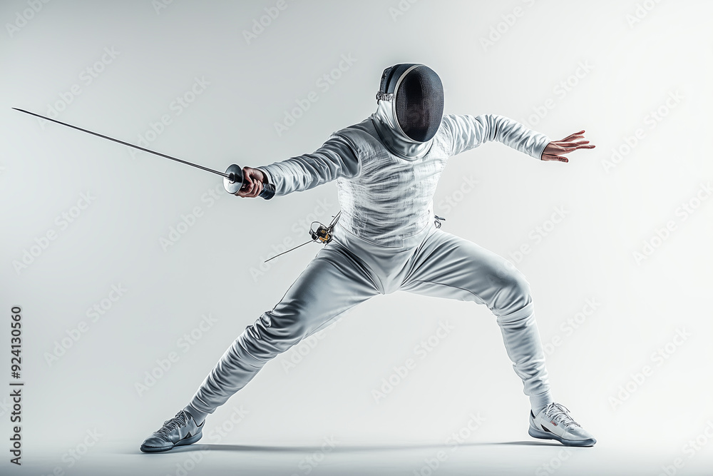 Obraz premium An athlete in a dynamic fencing pose, showcasing skill and focus in a minimalist studio environment during a training session