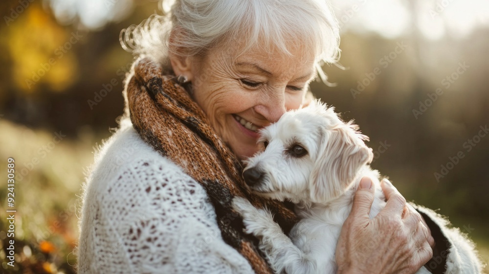 Portrait of a senior woman smiling at the beach with her dog Portrait of a senior woman smiling at the beach with her dog