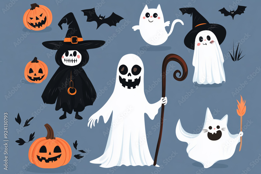 Whimsical Halloween characters gather for a spooky celebration in a vibrant illustration Whimsical Halloween characters gather for a spooky celebration in a vibrant illustration