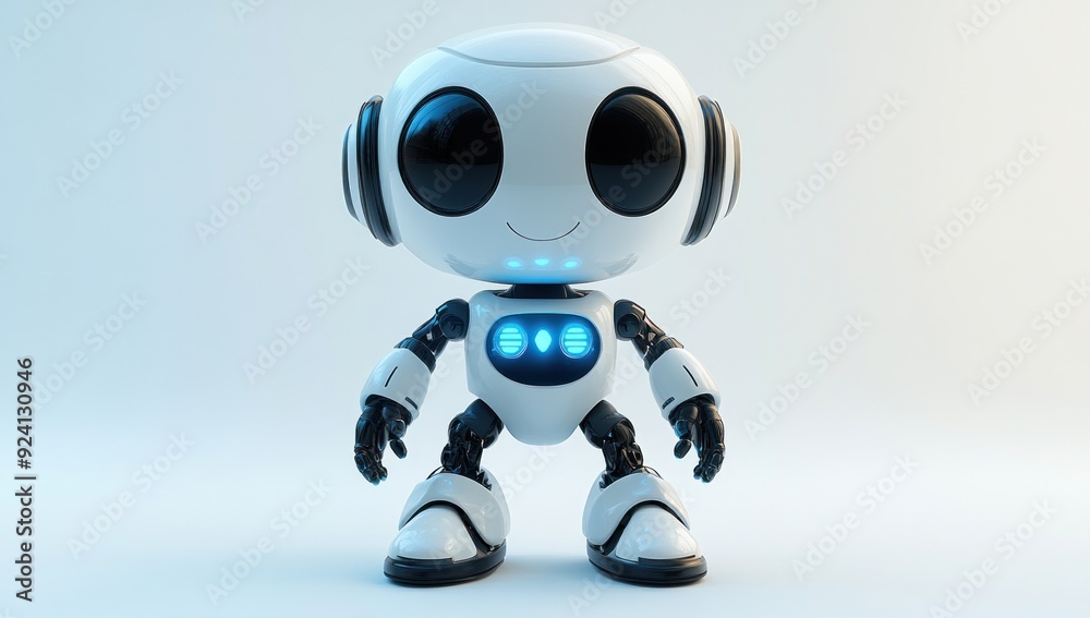 Cute White Robot Standing on White Background Cute White Robot Standing on White Background