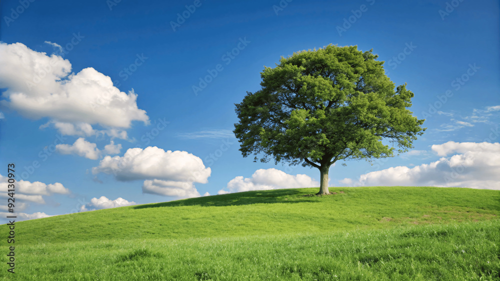 A single tree stands on a grassy hill under a clear blue sky and clouds natural background, solitude zen relax tree isolated various design A single tree stands on a grassy hill under a clear blue sky and clouds natural background, solitude zen relax tree isolated various design