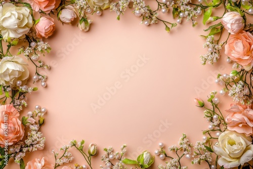 Elegant floral border with vibrant flowers lush greenery on light background. Ideal for decorative designs wedding invitations or romantic designs valentines day, mother's day, women's day