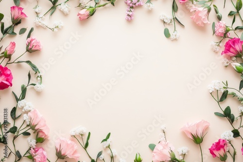 Elegant floral border with vibrant flowers lush greenery on light background. Ideal for decorative designs wedding invitations or romantic designs valentines day, mother's day, women's day