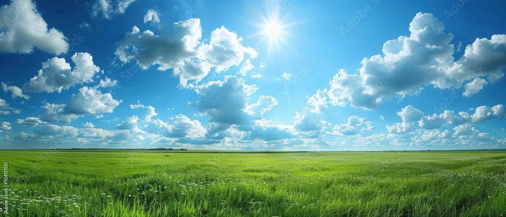 Serene Summer Landscape: Panoramic View of Puffy Clouds Over Verdant Green Field Serene Summer Landscape: Panoramic View of Puffy Clouds Over Verdant Green Field