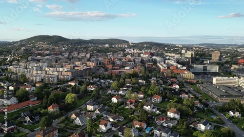 Drone video over Hasle, Oslo, with Løren in the background, one area with many new buildings, mostly housing