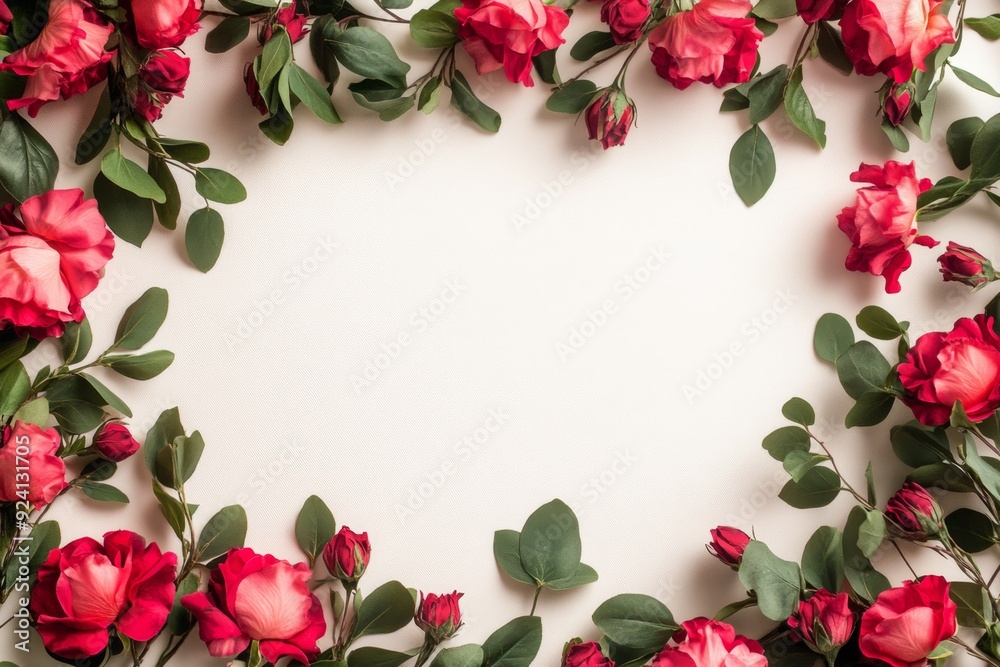 Elegant floral border with vibrant flowers lush greenery on light background. Ideal for decorative designs wedding invitations or romantic designs valentines day, mother's day, women's day Elegant floral border with vibrant flowers lush greenery on light background. Ideal for decorative designs wedding invitations or romantic designs valentines day, mother's day, women's day