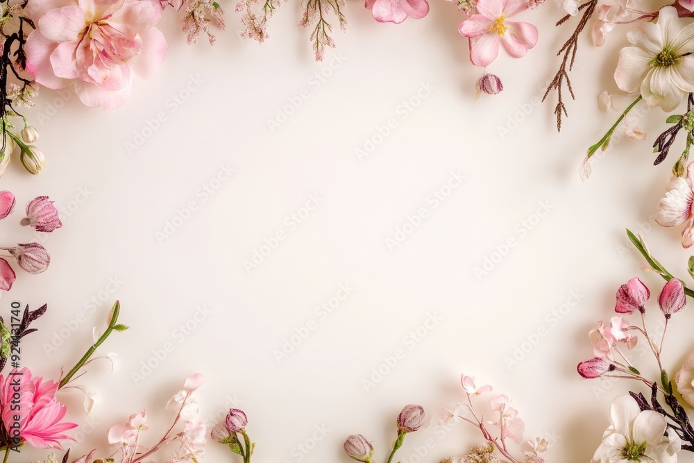 Obraz premium Elegant floral border with vibrant flowers lush greenery on light background. Ideal for decorative designs wedding invitations or romantic designs valentines day, mother's day, women's day