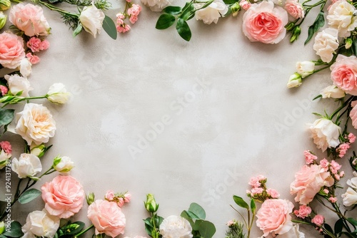 Elegant floral border with vibrant flowers lush greenery on light background. Ideal for decorative designs wedding invitations or romantic designs valentines day, mother's day, women's day