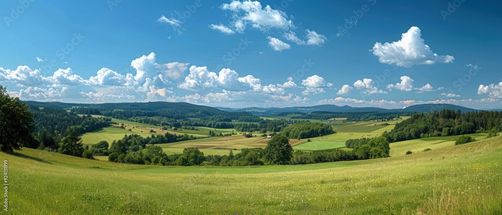 Fototapeta premium Serene Countryside Scene with Blue Sky and Fluffy Clouds
