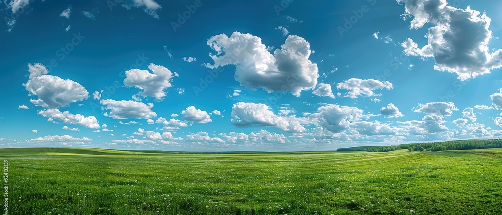 Serene Sky: Fluffy White Clouds Floating Over Lush Green Meadow Serene Sky: Fluffy White Clouds Floating Over Lush Green Meadow