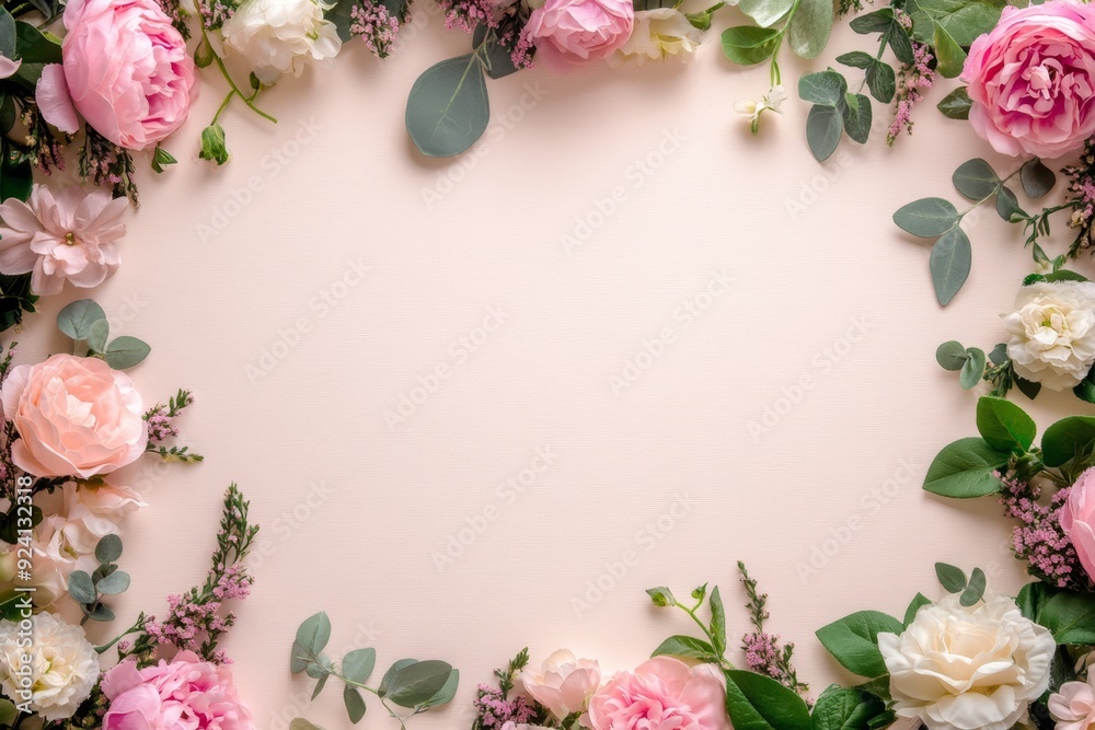 Elegant floral border with vibrant flowers lush greenery on light background. Ideal for decorative designs wedding invitations or romantic designs valentines day, mother's day, women's day Elegant floral border with vibrant flowers lush greenery on light background. Ideal for decorative designs wedding invitations or romantic designs valentines day, mother's day, women's day