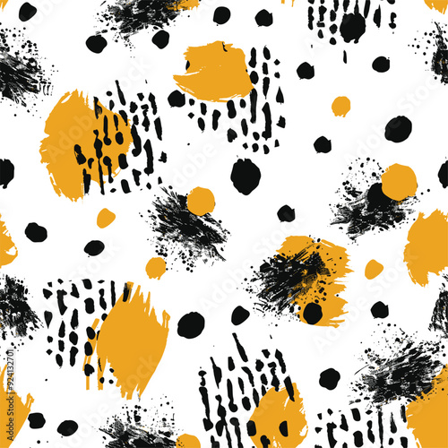 Seamless pattern with rough painted dots in black and yellow on white.
